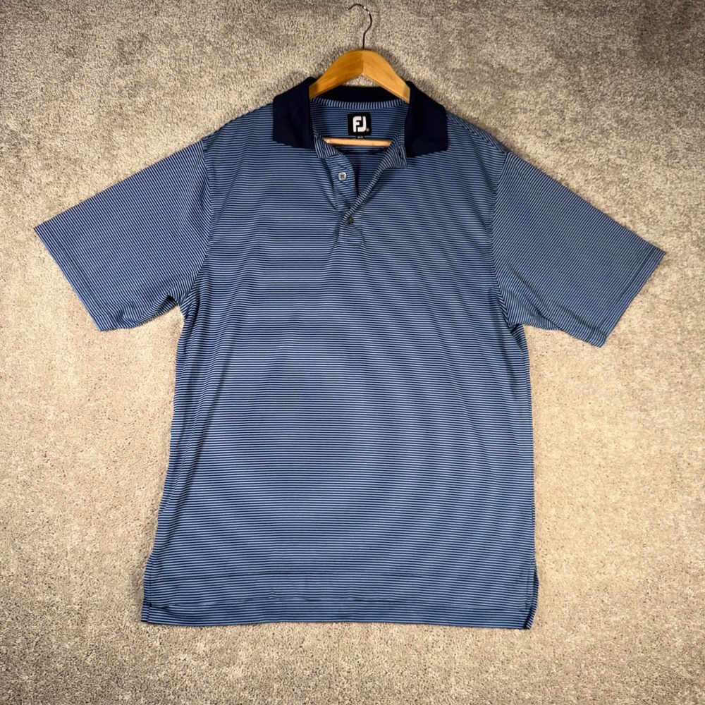 FootJoy Men's M Blue Striped Performance Golf Polo Shirt FJ Logo - Picture 2 of 8
